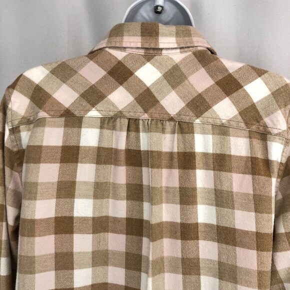 Lands End Womens Flannel Shirt Top Size 10 Long Sleeve Button Down Tan Pink - Picture 11 of 12